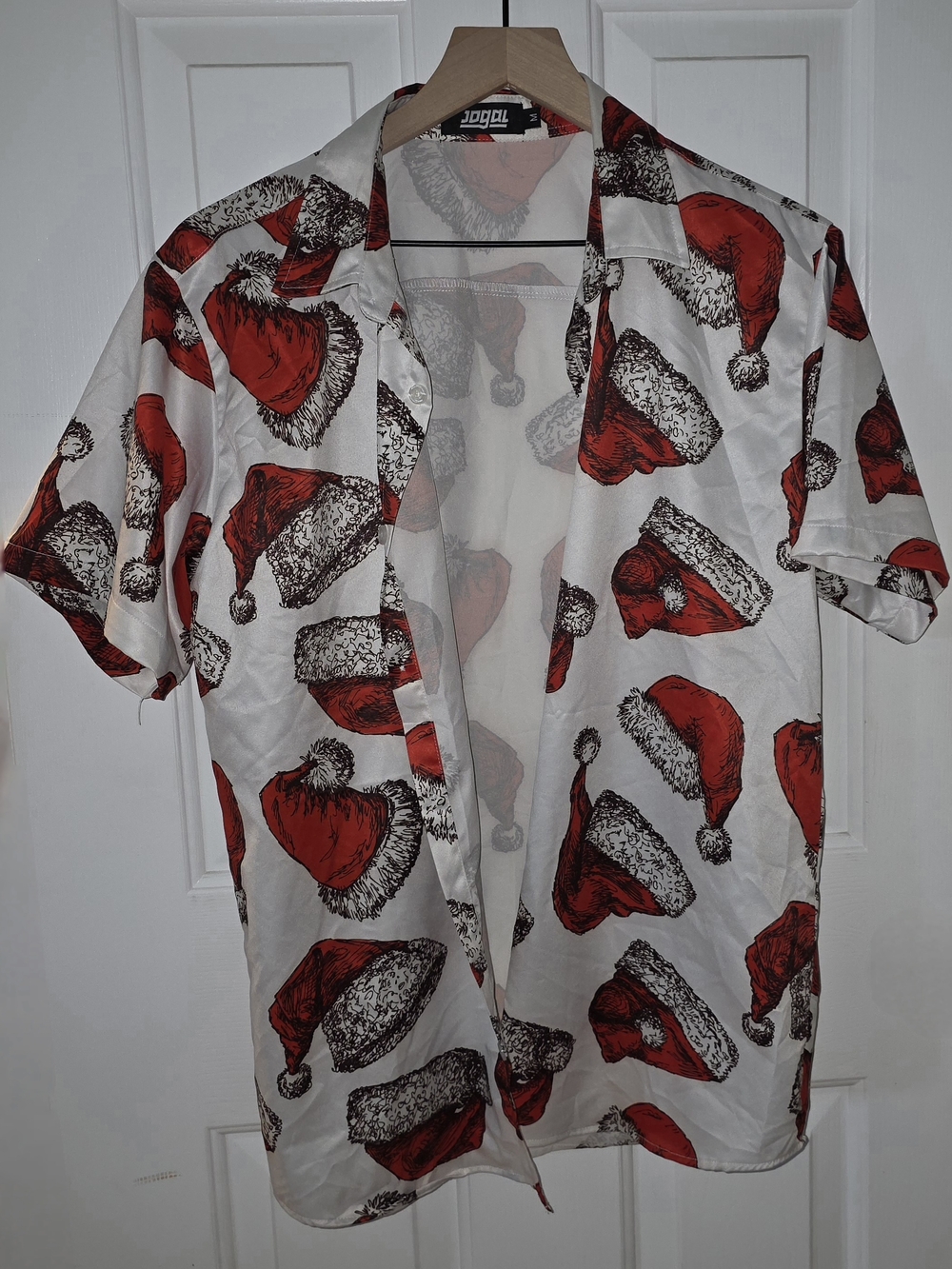 Novelty Santa Hat Button Up Shirt Holiday Christmas Short Sleeve Top